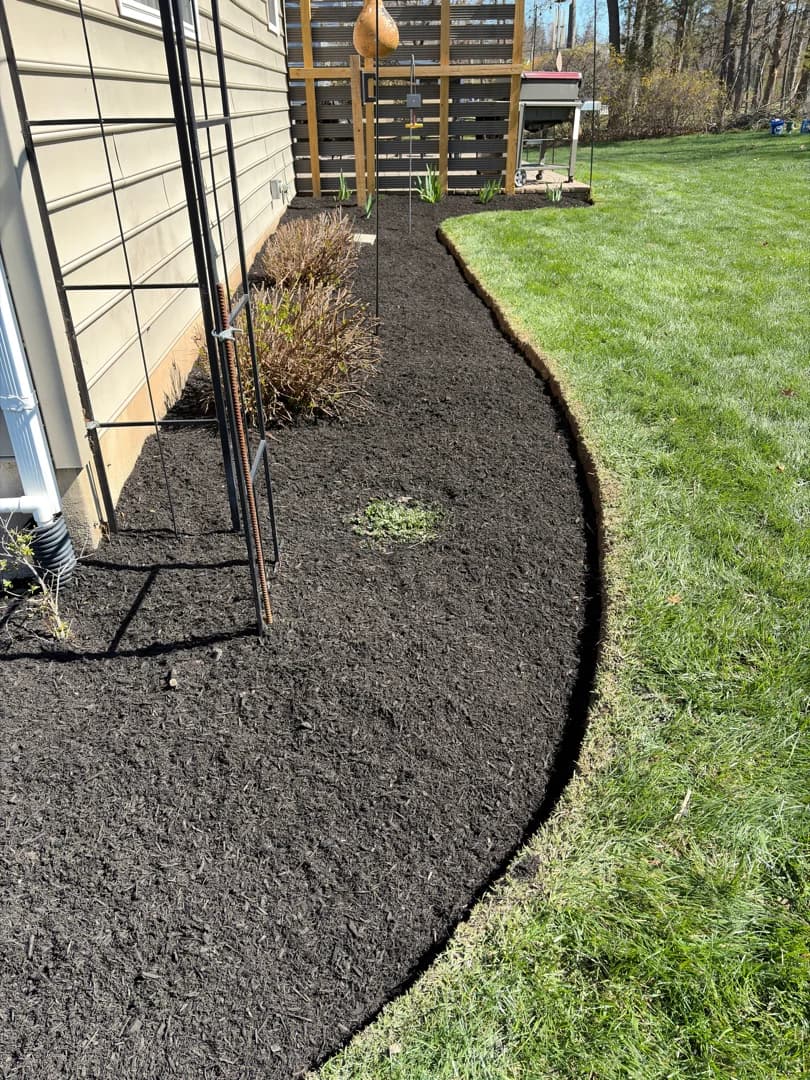 Side-of-house mulch bed with a long sweeping curved edge — clean lines that lift any Bucks County backyard.