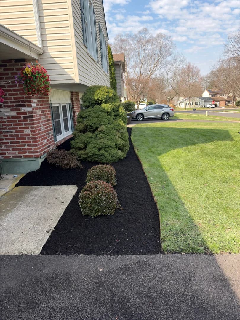 Brick-foundation side bed with low boxwoods and shrubs, freshly mulched with a crisp turf-line edge.