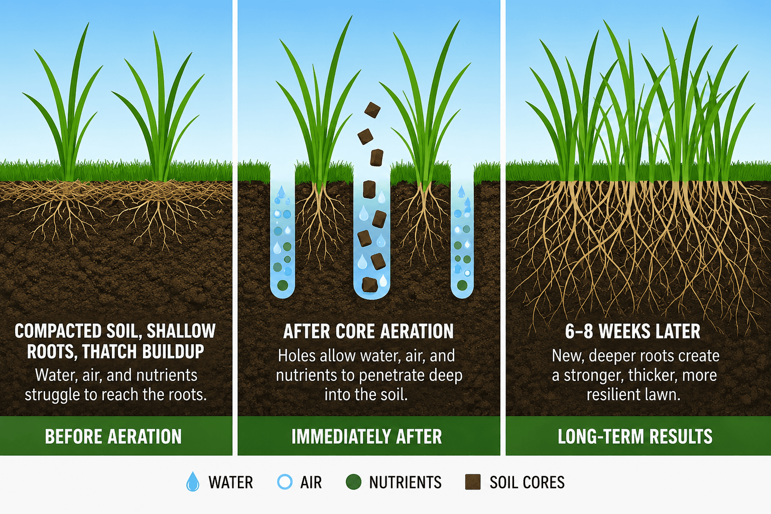 Diagram showing compacted soil before aeration, soil cores after aeration, and thicker roots weeks later